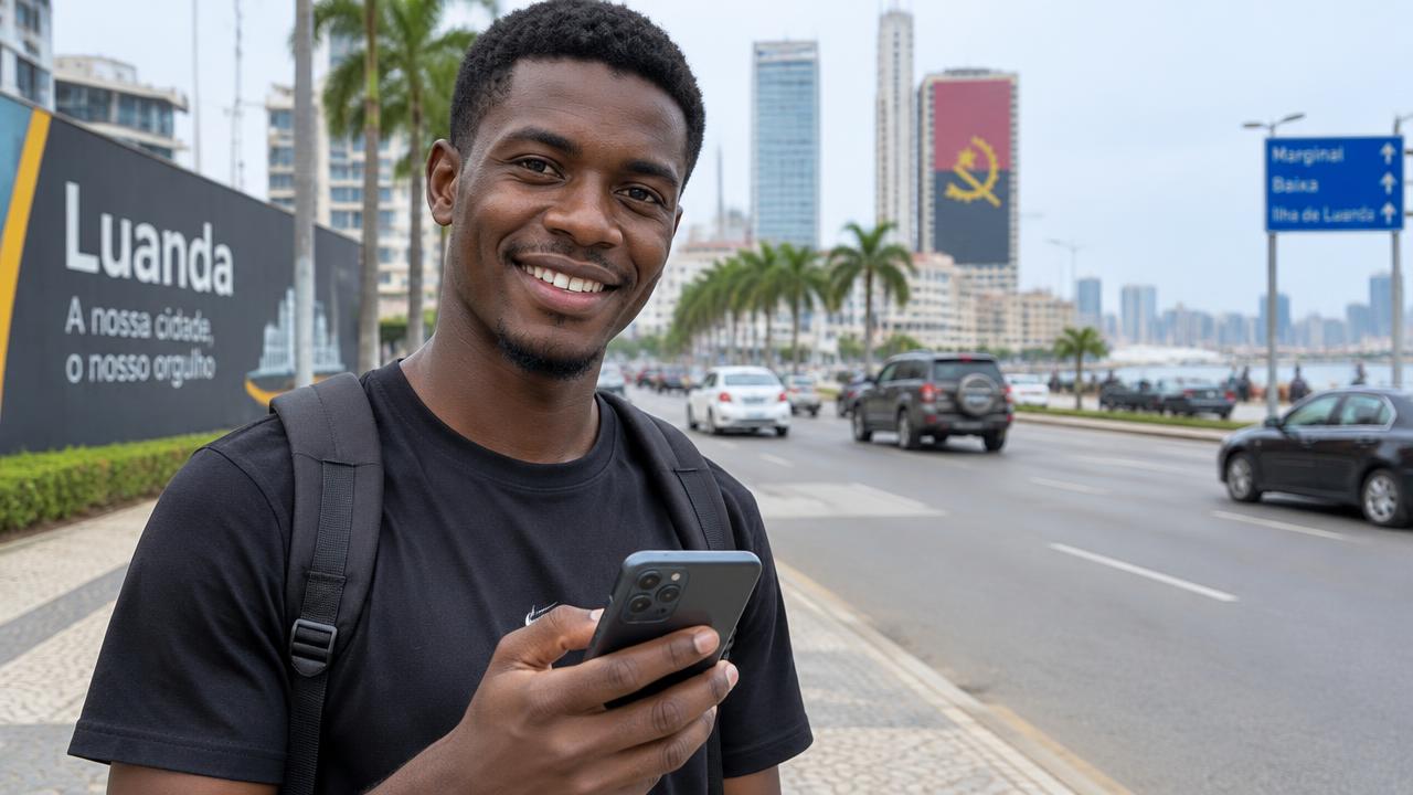 Homem a usar um telemóvel Android numa rua de Luanda