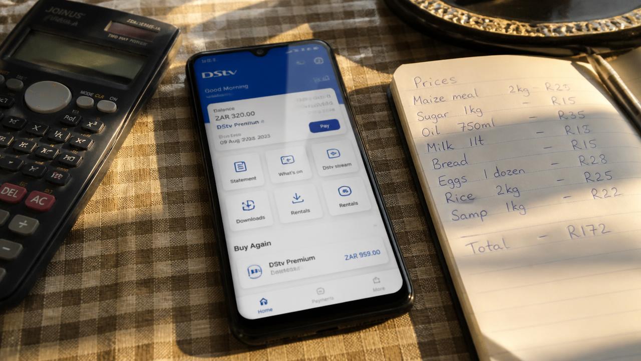 Telemóvel ao lado de um caderno com anotações de preços e uma calculadora