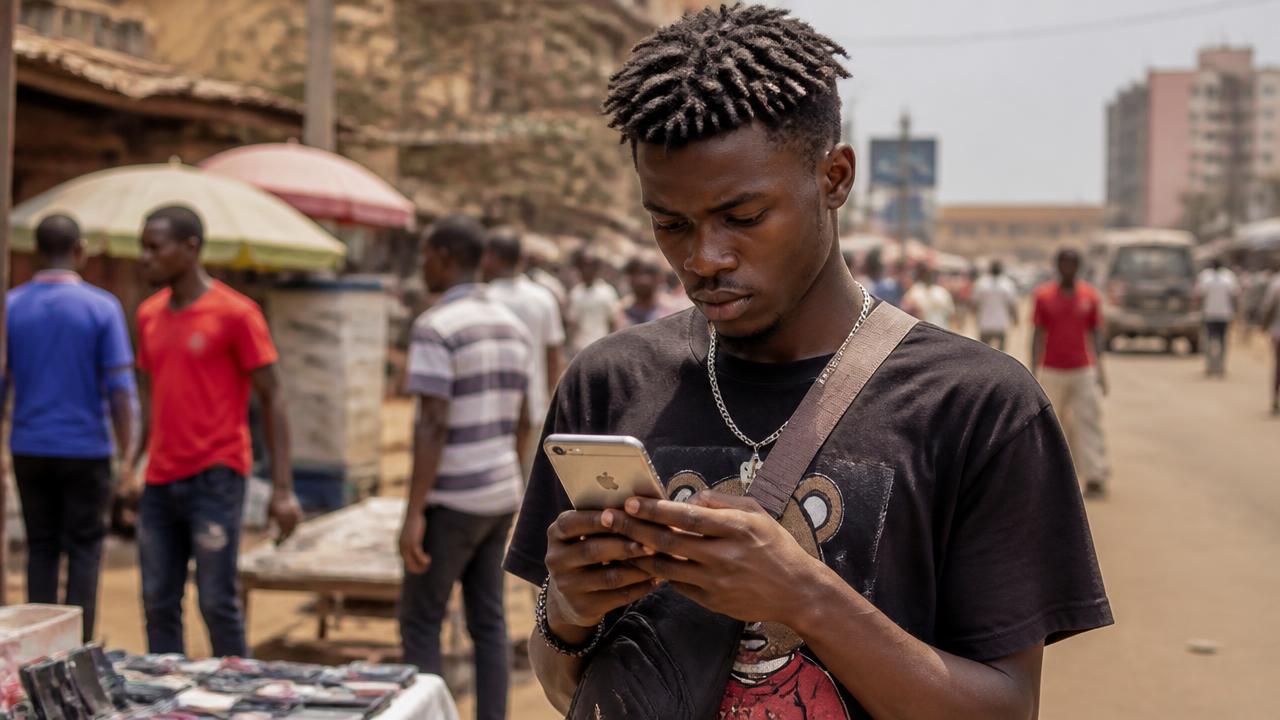 Jovem a verificar um iPhone usado num mercado em Luanda