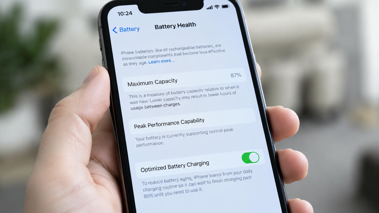 Ecrã de um telemóvel a mostrar o menu de saúde da bateria