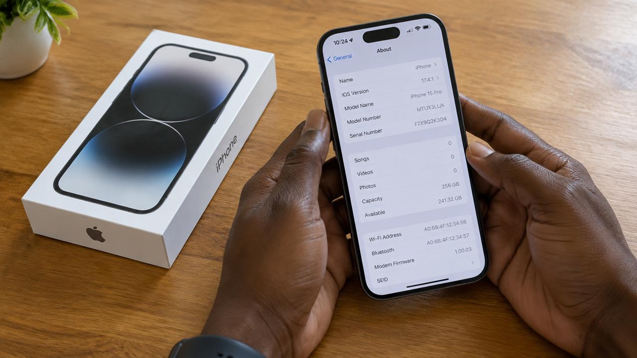 Mãos a verificar as informações do sistema num iPhone