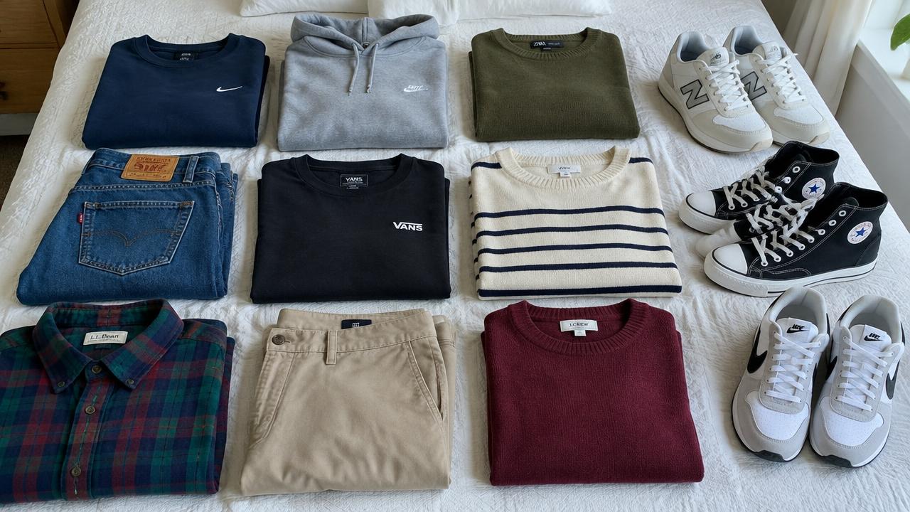Roupa dobrada e ténis organizados para venda