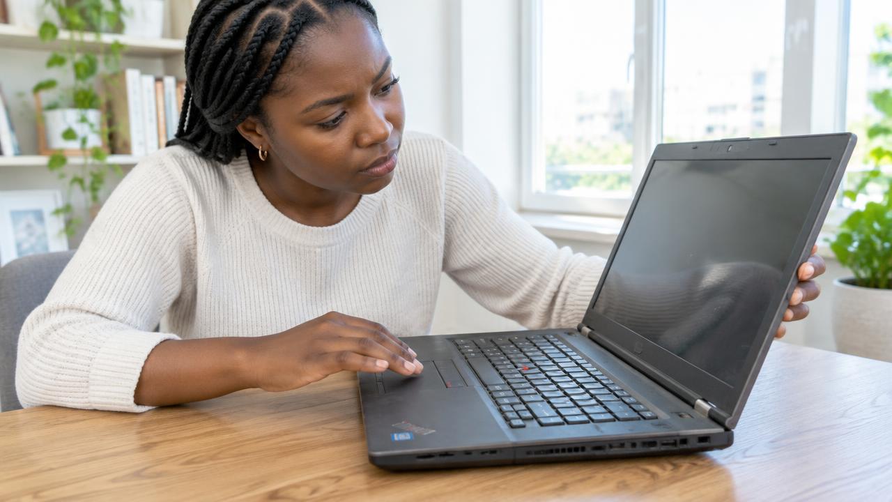 Pessoa a testar o teclado e o ecrã de um portátil usado