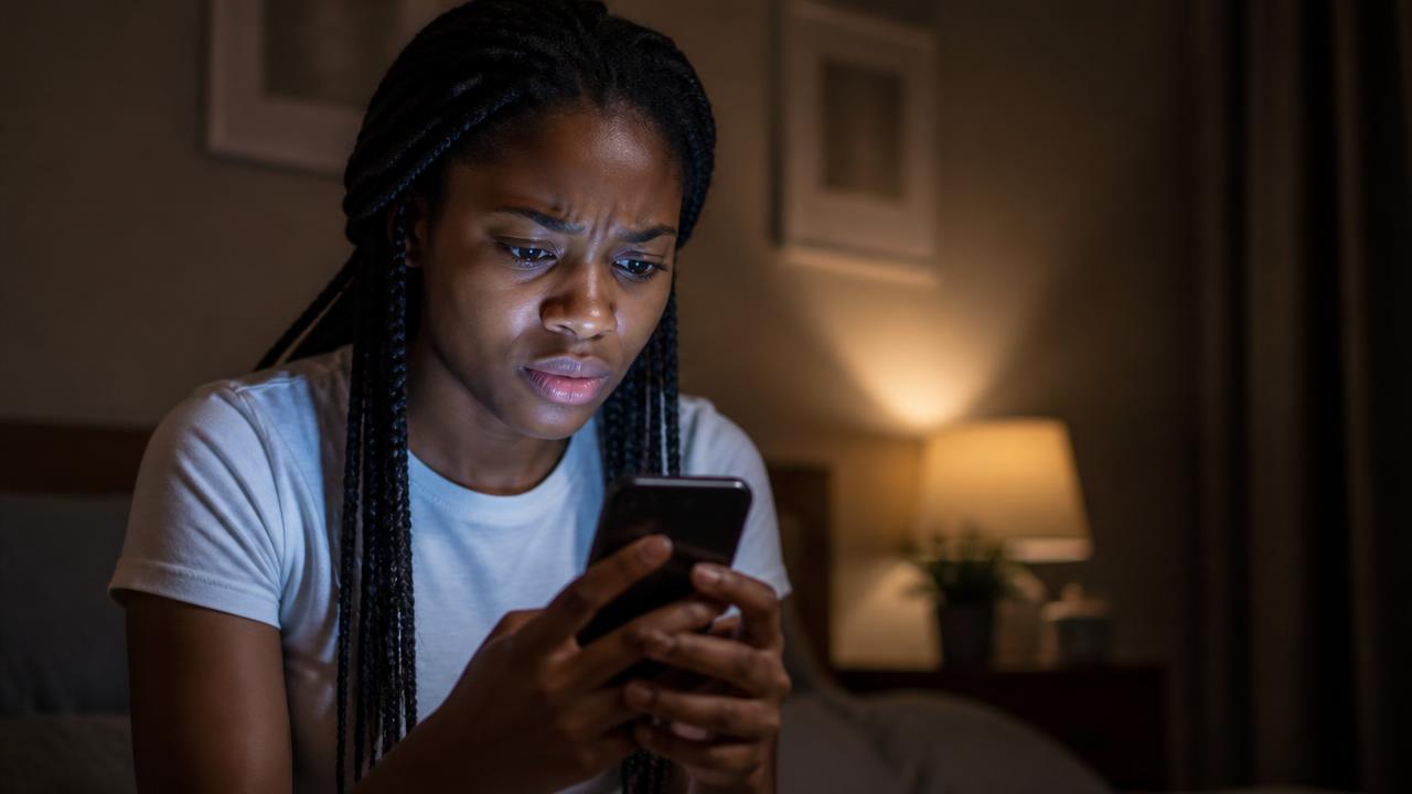 Mulher a olhar com desconfiança para o telemóvel durante uma compra online