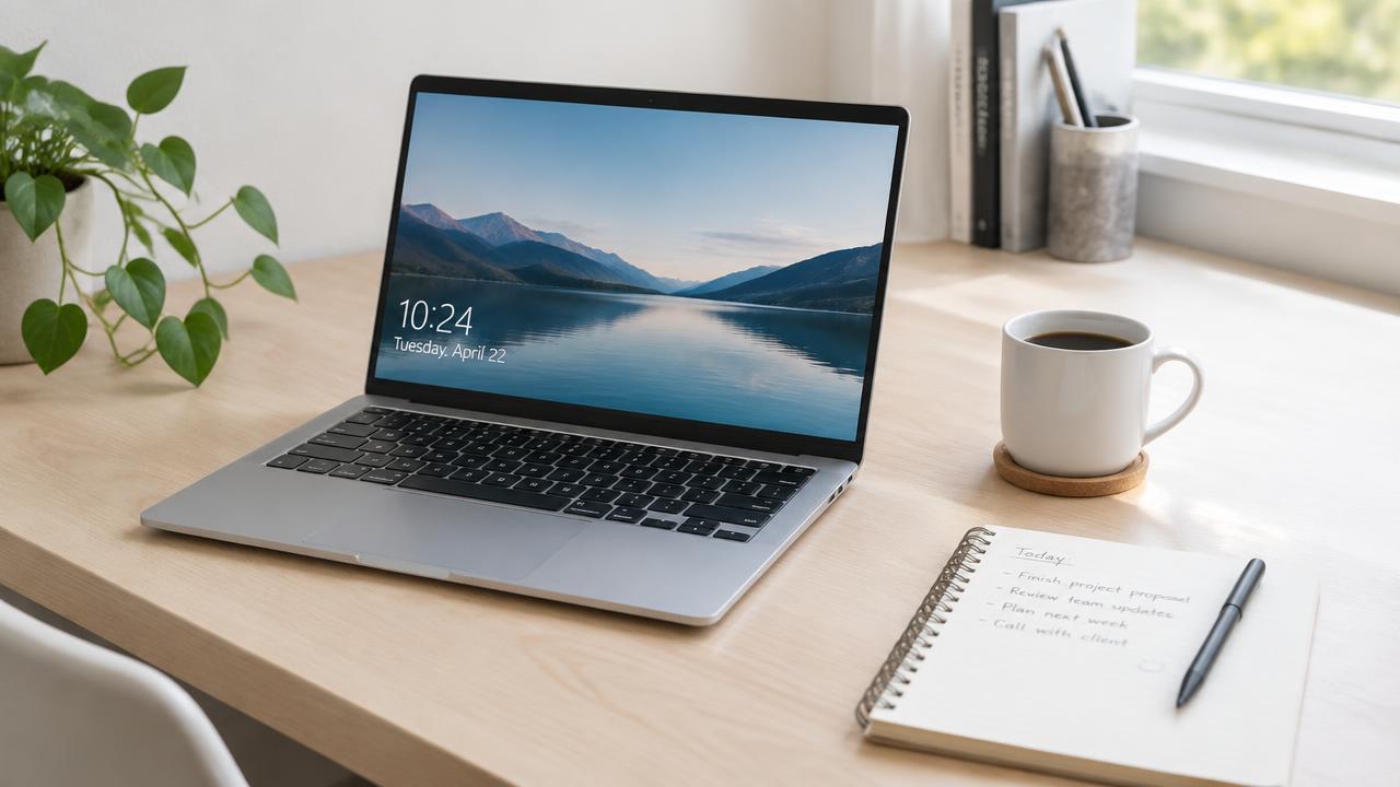 MacBook Air aberto numa secretária com caderno e café